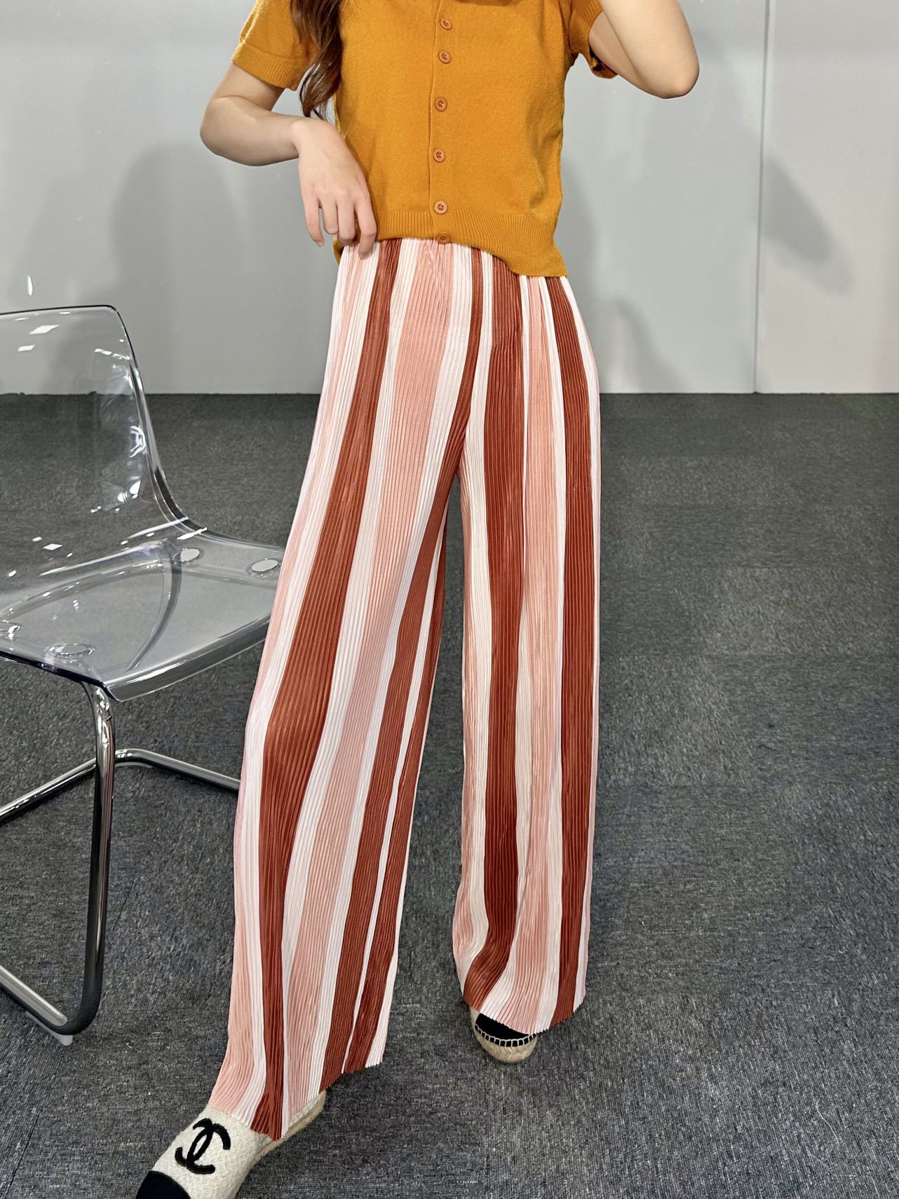 High Waist Straight Wide Leg Striped Design Knit Pants in White