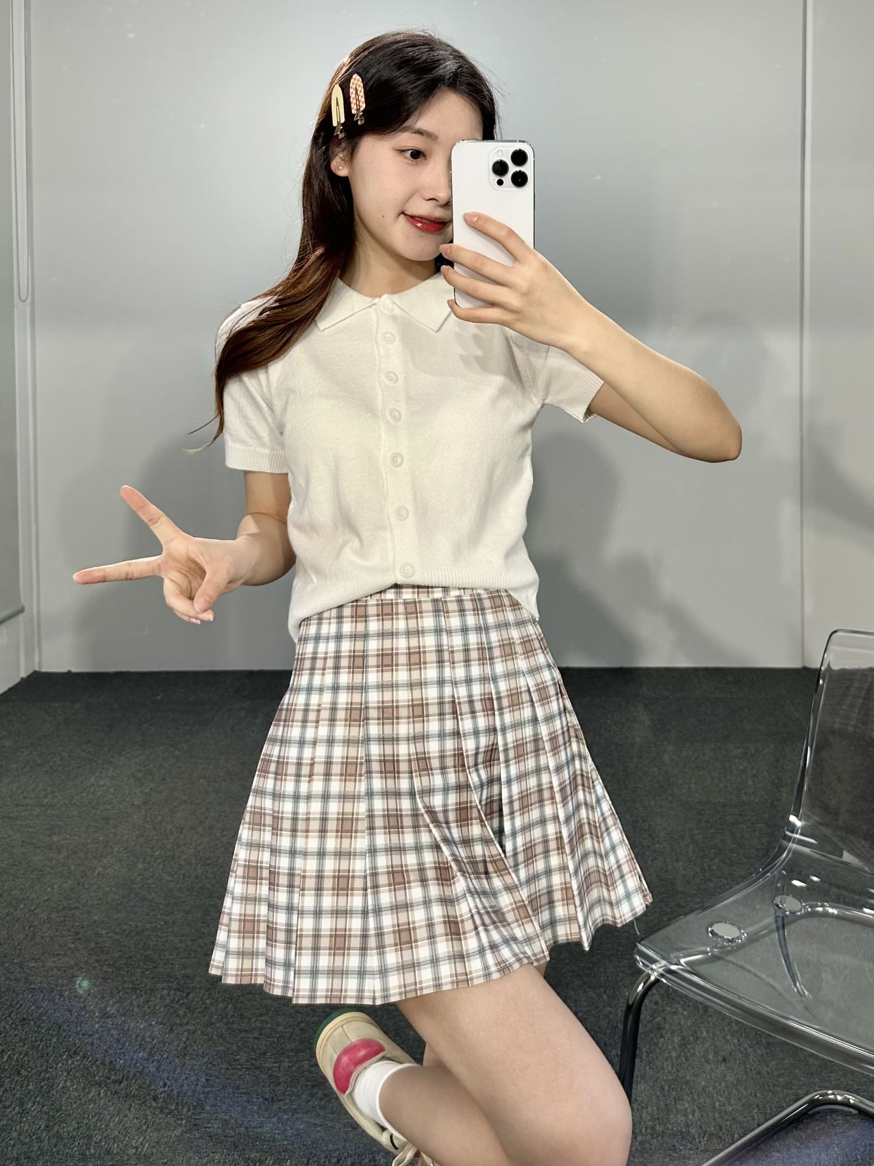 School Uniform Checkered Skirt Brown Pleated Mini Skirt In White
