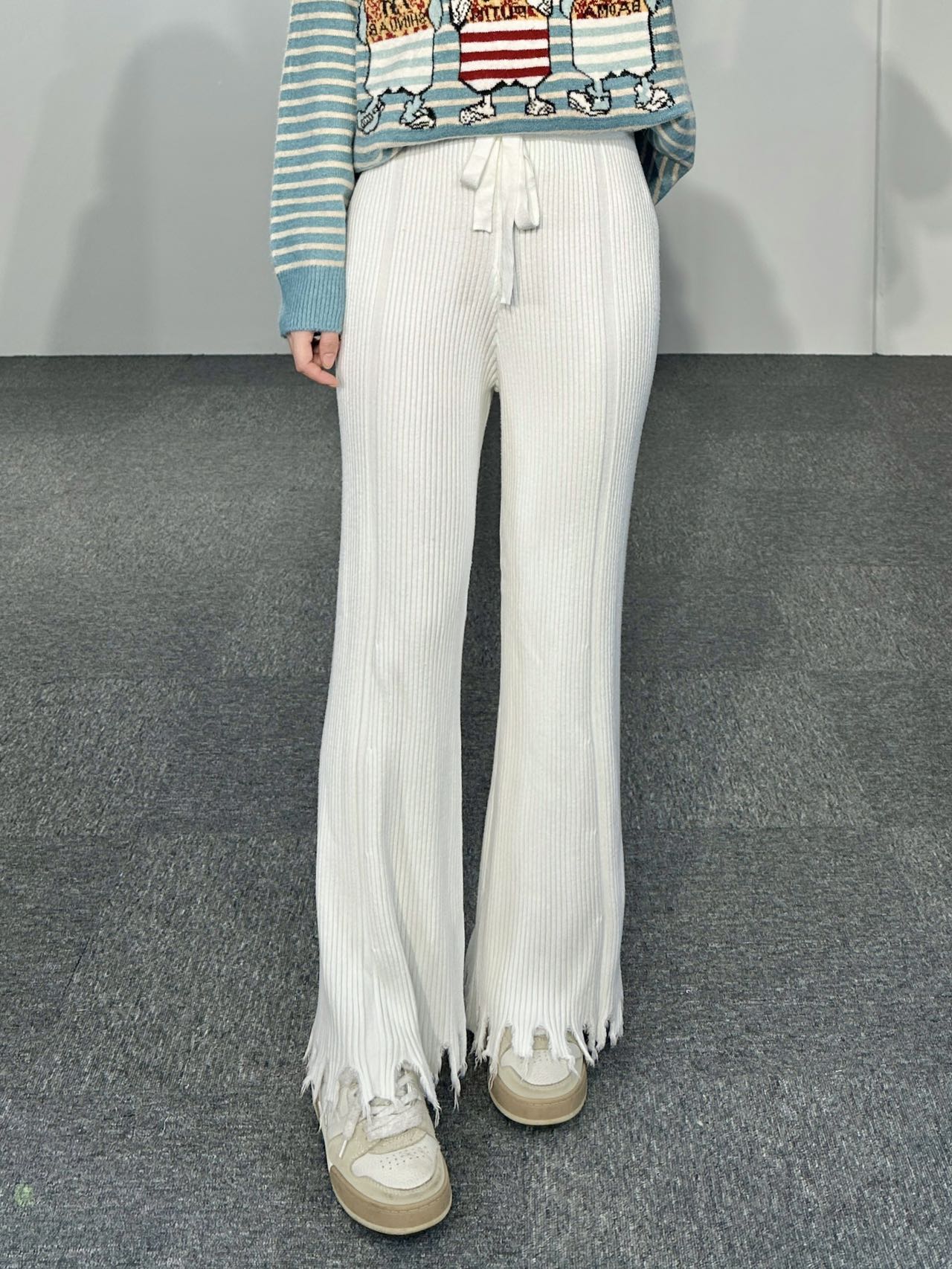 High Waist Straight Wide Leg Striped Design Knit Pants in White – KEIKO
