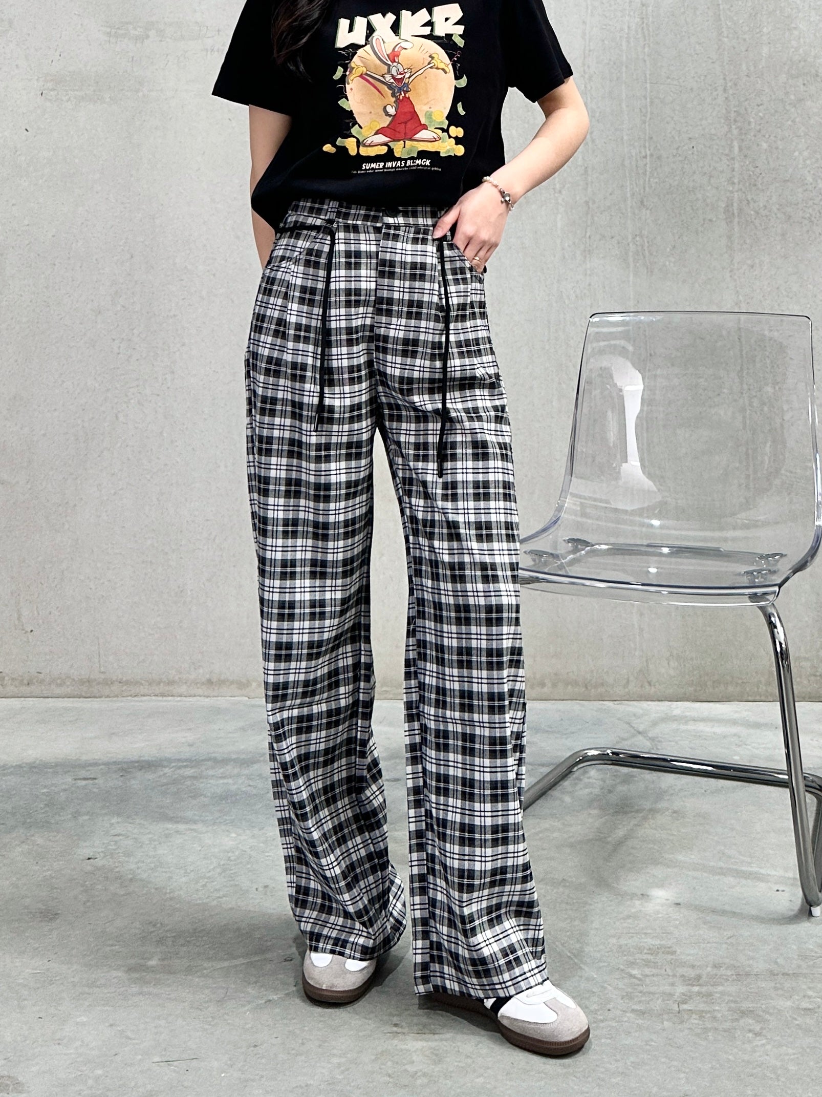 パンツ jieda PLAID WIDE SLACKS Wide Leg Palazzo Summer Women's Plaid Checked Pants 2024