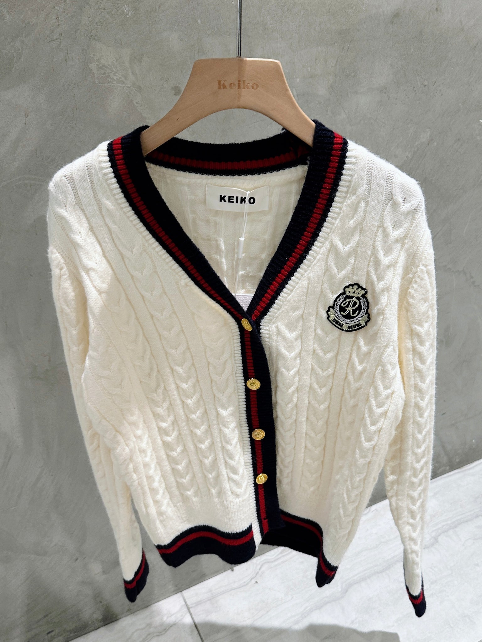Preppy Cable Knit Cardigan with Crest Patch